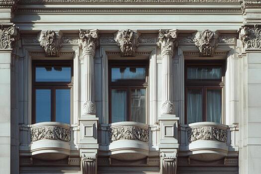 Three ornate windows with balconies on a historic building facade. photo
