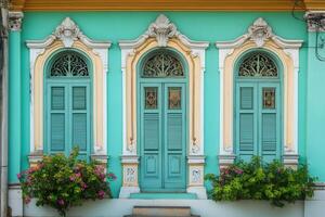 Turquoise blue facade with three arched windows and a door on a vintage building. photo