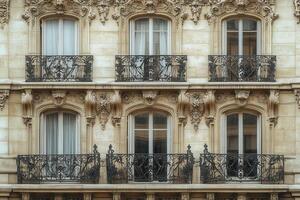 A close-up of the ornate facade of a building with three balconies and six windows. photo