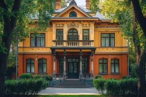 Yellow and orange historic house with a balcony and a large front door. photo