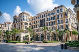 A modern and luxurious apartment building with a beautiful courtyard in a tropical city. photo