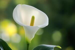 A single white calla lily with a yellow center blooms against a soft green background. photo