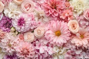 A beautiful floral arrangement with pastel pink, white, and purple flowers. photo