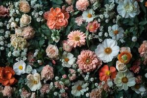 A beautiful floral arrangement with various flowers in soft peach and white tones with greenery. photo