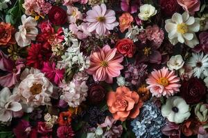 A close-up view of an arrangement of assorted flowers. photo