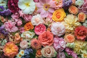 A close-up view of a vibrant floral arrangement, showcasing a multitude of colorful blooms. photo
