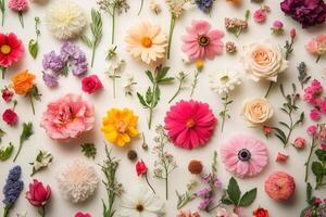 A colorful and vibrant flat lay of various flowers and foliage arranged in a pattern on a white background. photo