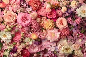 A close-up of a vibrant flower arrangement featuring pink roses, carnations, and hydrangeas. photo