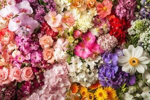 A colorful and vibrant floral background featuring an assortment of fresh blooms in various colors and sizes. photo
