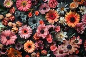 A colorful arrangement of various flowers on a dark background. photo