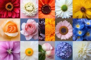 A colorful collection of 15 close-up flower images in a grid pattern. photo