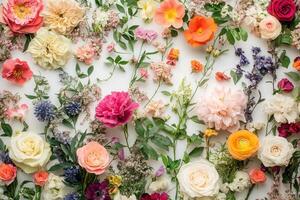A colorful arrangement of various flowers and greenery on a white background. photo