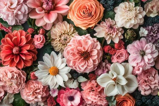A close-up view of a variety of colorful flowers. photo