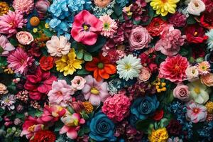 A colorful floral background with various types of flowers in vibrant colors. photo