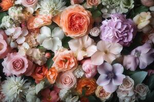 A colorful arrangement of various flowers in bloom. photo