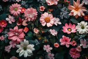 A colorful floral pattern with pink, white, and orange flowers and green leaves on a dark background. photo