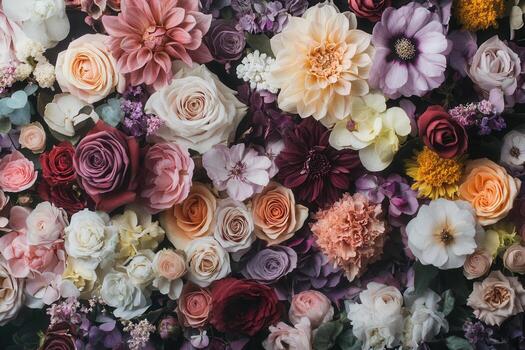 A colorful floral arrangement with various types of flowers, including roses, dahlias, and carnations, arranged in a close-up, flat lay composition. photo
