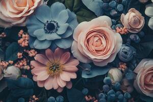 A delicate arrangement of pink and blue flowers with eucalyptus leaves. photo
