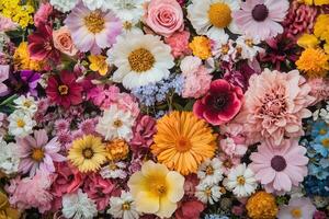 A vibrant and colorful display of various flowers in a close-up shot. photo