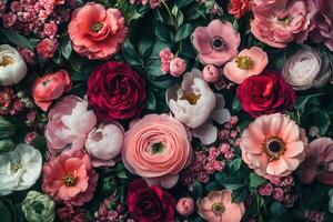 A vibrant and colorful floral arrangement with various blooms, including peonies, anemones, and ranunculus. photo