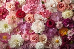 A vibrant and colorful floral backdrop featuring a variety of flowers in shades of pink, red, white, and orange. The flowers are arranged in a close-up, creating a beautiful and textured pattern. photo
