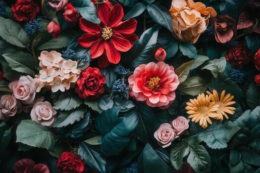 A vibrant and colorful floral backdrop with various blooms and lush foliage. photo
