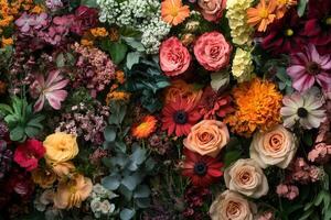 A vibrant and colorful floral wall with a variety of flowers, including roses, daisies, and carnations, in a mix of pink, orange, red, and yellow hues. photo