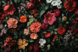 A vibrant and colorful mix of flowers, petals, and greenery in a flat lay arrangement. photo