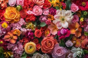 A vibrant and colorful mix of various flowers and greenery. photo