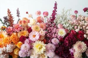 A vibrant arrangement of colorful flowers against a white backdrop, showcasing a beautiful gradient of hues from orange to pink to red. photo