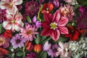 A vibrant arrangement of pink, red, and white flowers on a dark background. photo