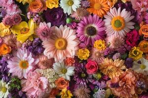 A vibrant array of colorful flowers arranged in a beautiful floral pattern. photo