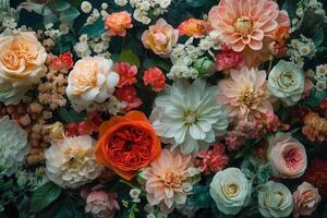 A vibrant arrangement of pink, peach, white, and orange flowers against a green background. photo