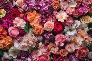 A vibrant and colorful floral wall with various flowers in shades of pink, red, orange, and white. photo