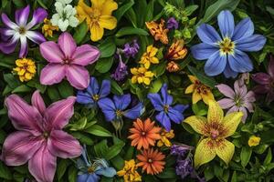 A vibrant collection of colorful flowers arranged on a green background. photo
