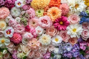 A vibrant collection of colorful flowers arranged in a beautiful pattern. photo