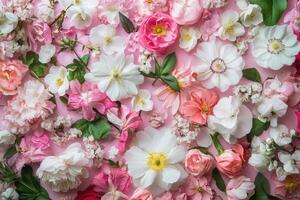 A vibrant arrangement of pink and white blossoms on a pink background. photo