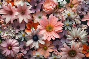 A vibrant and colorful collection of various flowers, including daisies, peonies, and others. photo