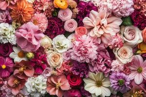 A vibrant and colorful close-up of a variety of pink, red, and white flowers arranged in a seamless pattern. photo