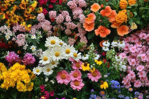 A vibrant display of colorful flowers in full bloom, creating a stunning tapestry of nature's beauty. photo