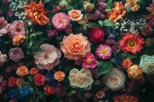 A vibrant floral arrangement featuring a variety of colorful blooms, including roses, carnations, daisies, and wildflowers. photo