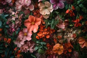 A vibrant floral arrangement featuring pink, red, and orange flowers, lush green leaves, and a dark background. photo