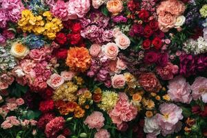 A vibrant floral wall featuring an array of colorful blooms, including roses, carnations, hydrangeas, and peonies, creating a stunning and textured backdrop. photo