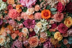 A vibrant floral wall with assorted flowers in various colors, perfect for a wedding or event backdrop. photo