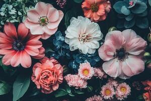 A vibrant and colorful floral arrangement with a variety of flowers in pink, white, and peach hues. photo