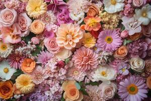 A vibrant floral arrangement with a variety of pink, orange, and white flowers. photo