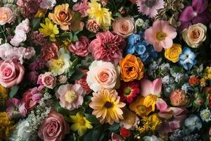 A vibrant display of various flowers in an overhead view. photo