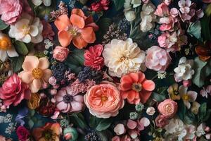 A vibrant floral arrangement featuring various pink, red, and orange flowers with green leaves, petals, and berries on a dark blue background. photo