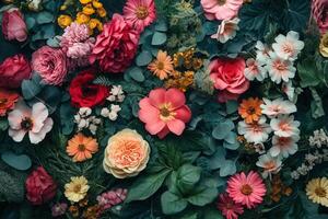 A vibrant floral arrangement with various flowers and green leaves. photo