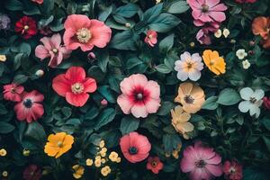 A vibrant floral arrangement with various colorful flowers and green leaves. photo